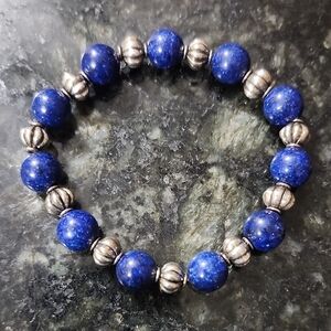 Handmade Blue Lapis and Antique Silver Beaded Bracelet
